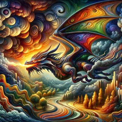 Primary subject: A colorful dragon with a rainbow-colored wing.

Setting/background: The dragon is flying over a city, with buildings and trees visible in the background.

Visual style: The image is a digital art piece, featuring a vibrant and imaginative design.

Colors and mood: The dragon is predominantly orange and purple, with a rainbow-colored wing, creating a lively and cheerful atmosphere.
